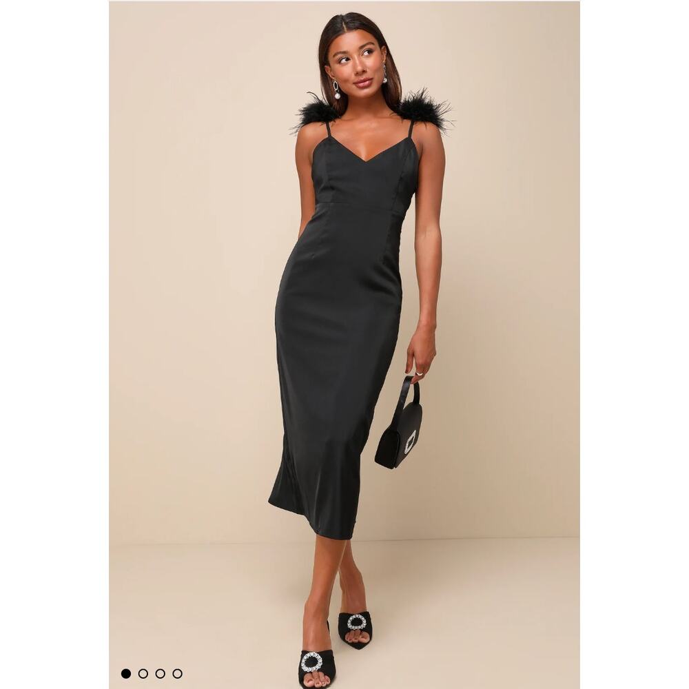 Exquisite Invite Black Satin Feather Backless Midi Dress XL Lulu's  MSRP $80